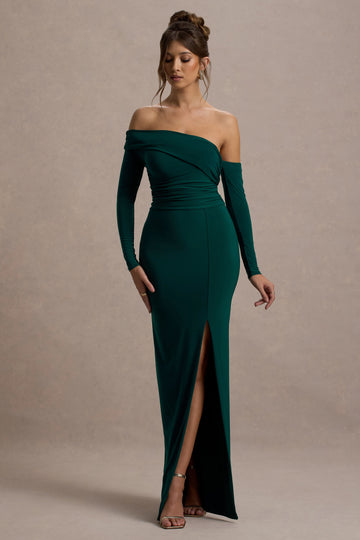 Stand Out Bottle Green Bardot Long Sleeve Ruched Maxi With Side Split
